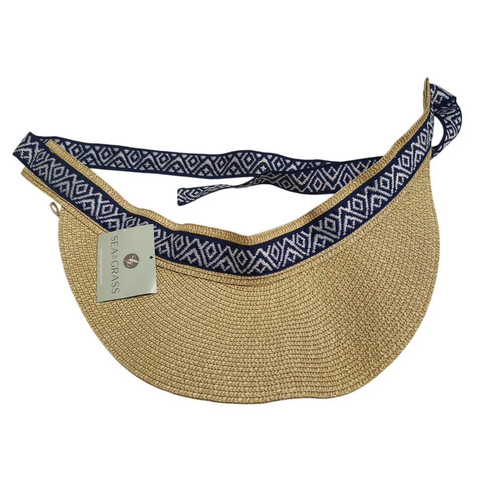 NWOT Sea & Grass Women's Paper Straw Hat Visor Blue Ribbon Tie Closure